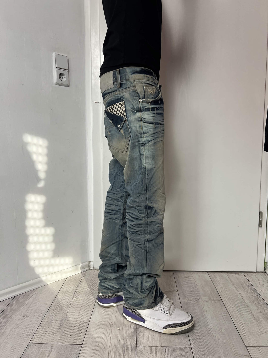 Japanese Cross "Glacier Grid" bootcut whisker denim