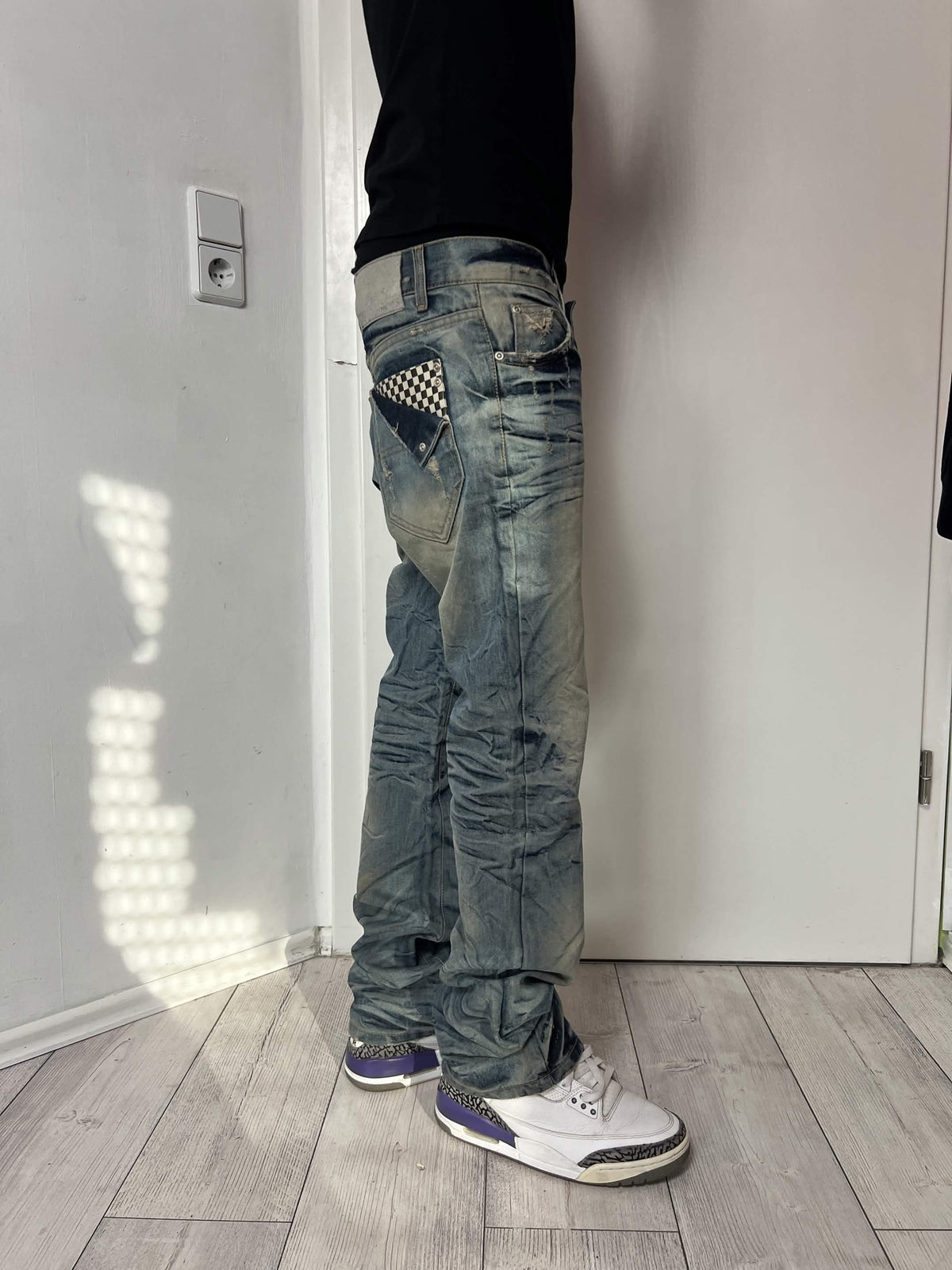 Japanese Cross "Glacier Grid" bootcut whisker denim
