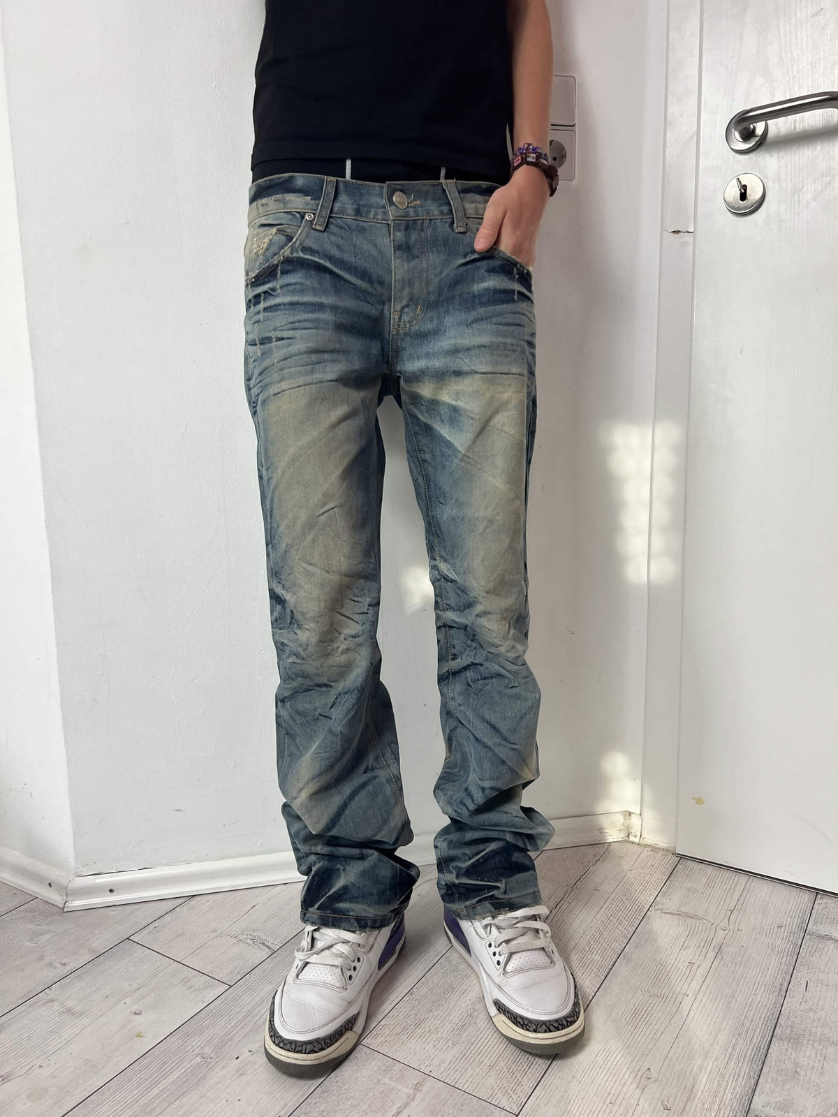 Japanese Cross "Glacier Grid" bootcut whisker denim