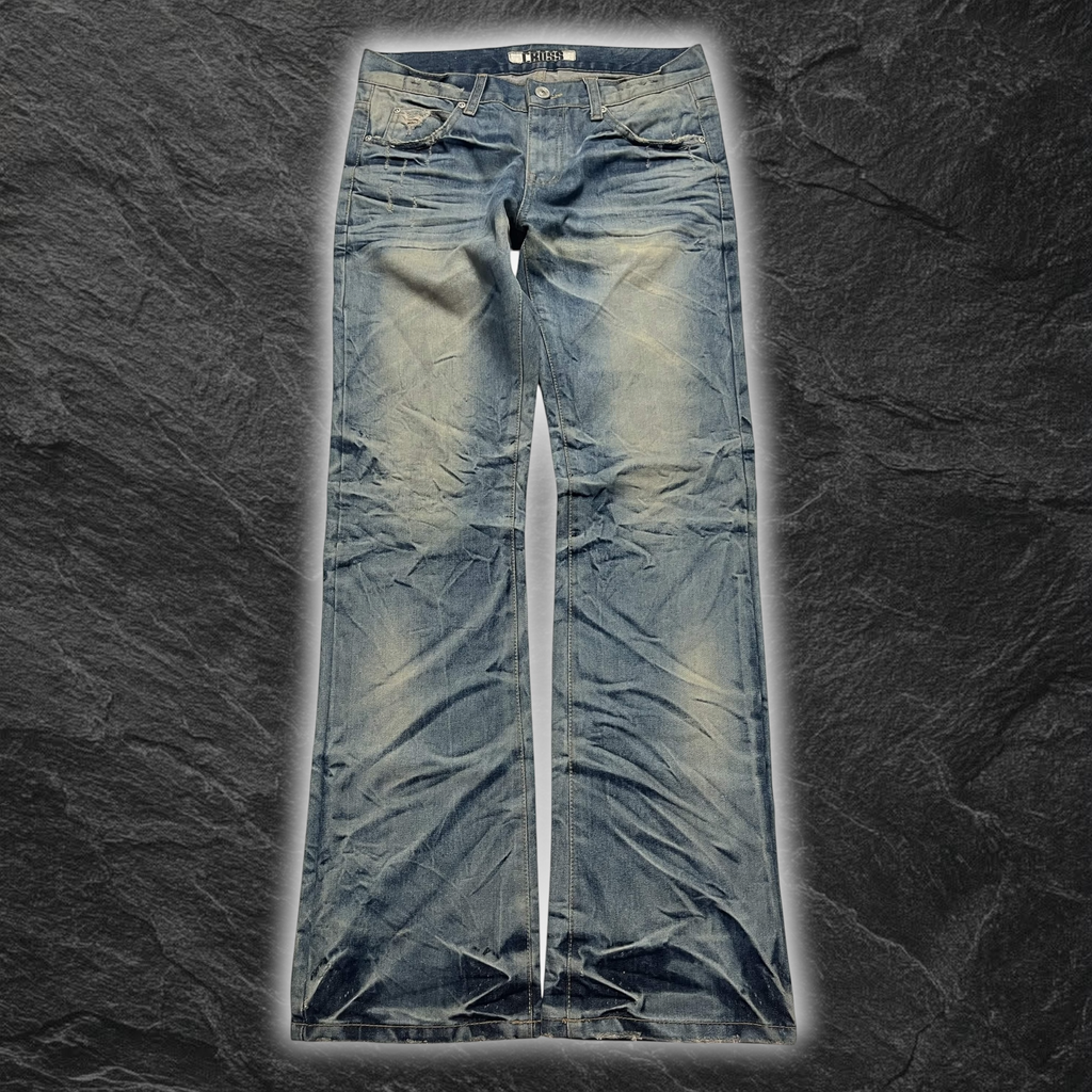 Japanese Cross "Glacier Grid" bootcut whisker denim