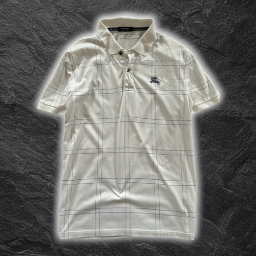 streetcave.eu Burberry Black Label Poloshirt in Weiß mit feinem Karomuster und gesticktem Reiter-Logo auf der Brust