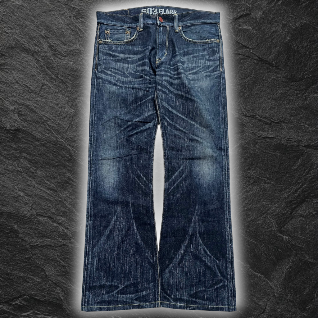 streetcave.eu EDWIN Blue Trip 503 Flare Jeans aus blauem Denim mit markanter Waschung und Whisker-Effekten