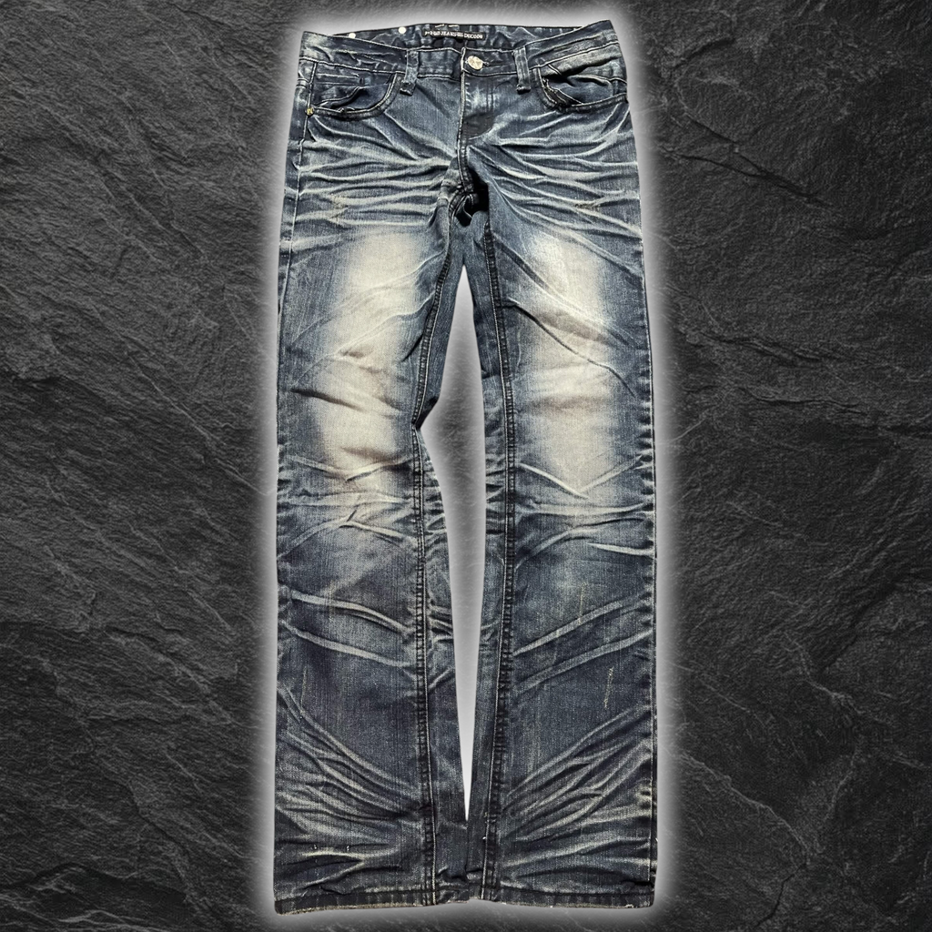 streetcave.eu Herren Denim Jeans in Blau mit markanter Waschung, Used-Look Falten-Effekten und robusten Nieten