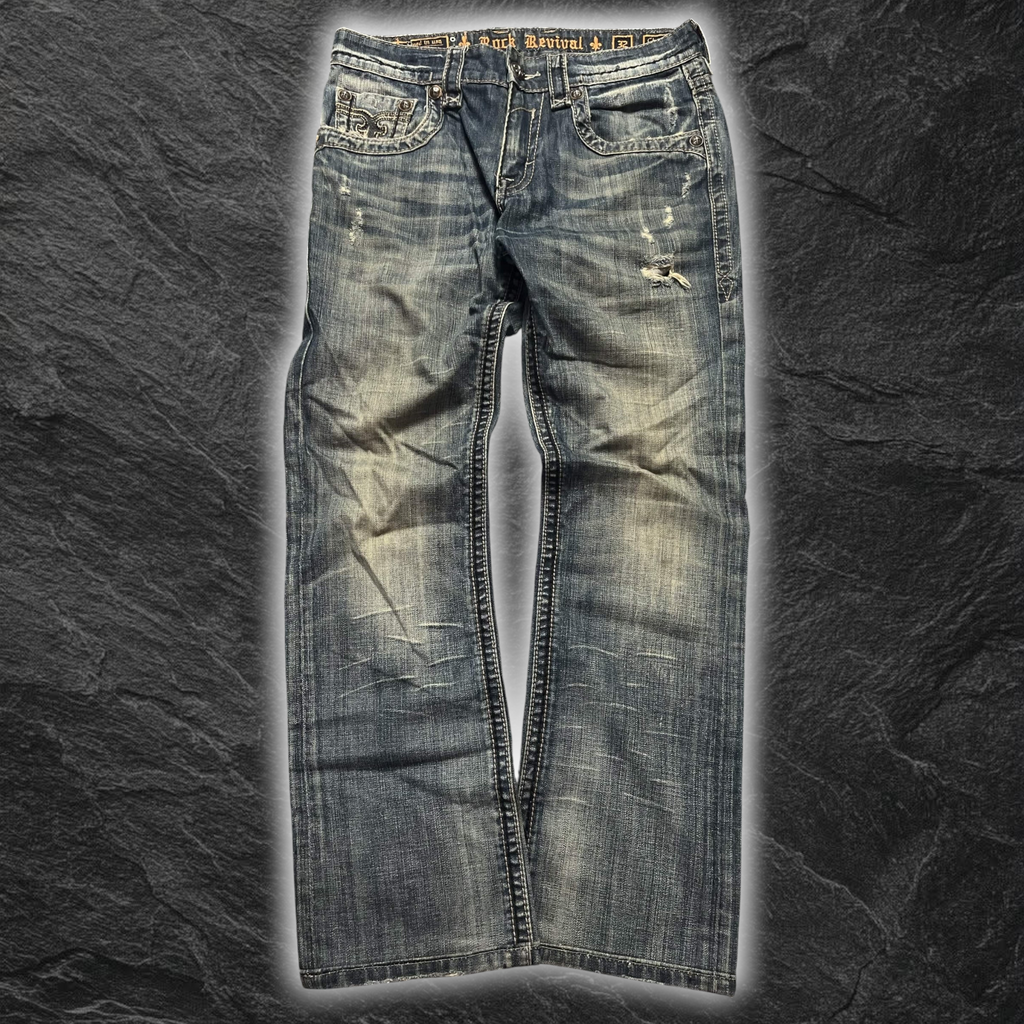 streetcave.eu Rock Revival Herren Denim Jeans in verwaschenem Blau mit Distressed-Details und Ziernähten