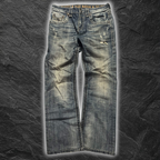 streetcave.eu Rock Revival Herren Denim Jeans in verwaschenem Blau mit Distressed-Details und Ziernähten